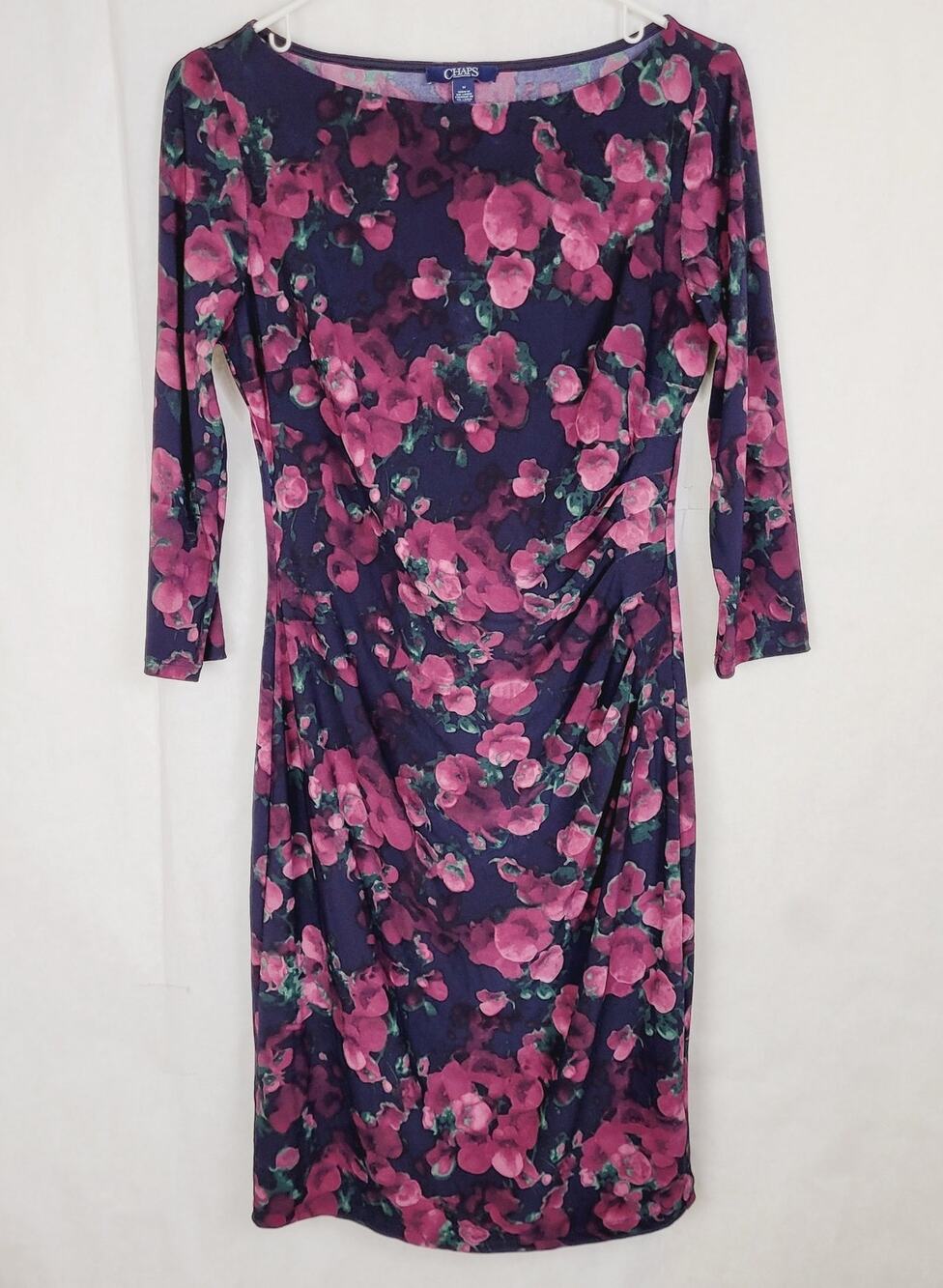 Chaps purple dark floral draped stretch knit midi dress Size medium Cocktail